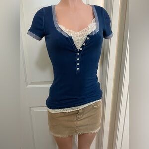 Y2k vintange Hollister blue button up short sleeve ribbed Henley